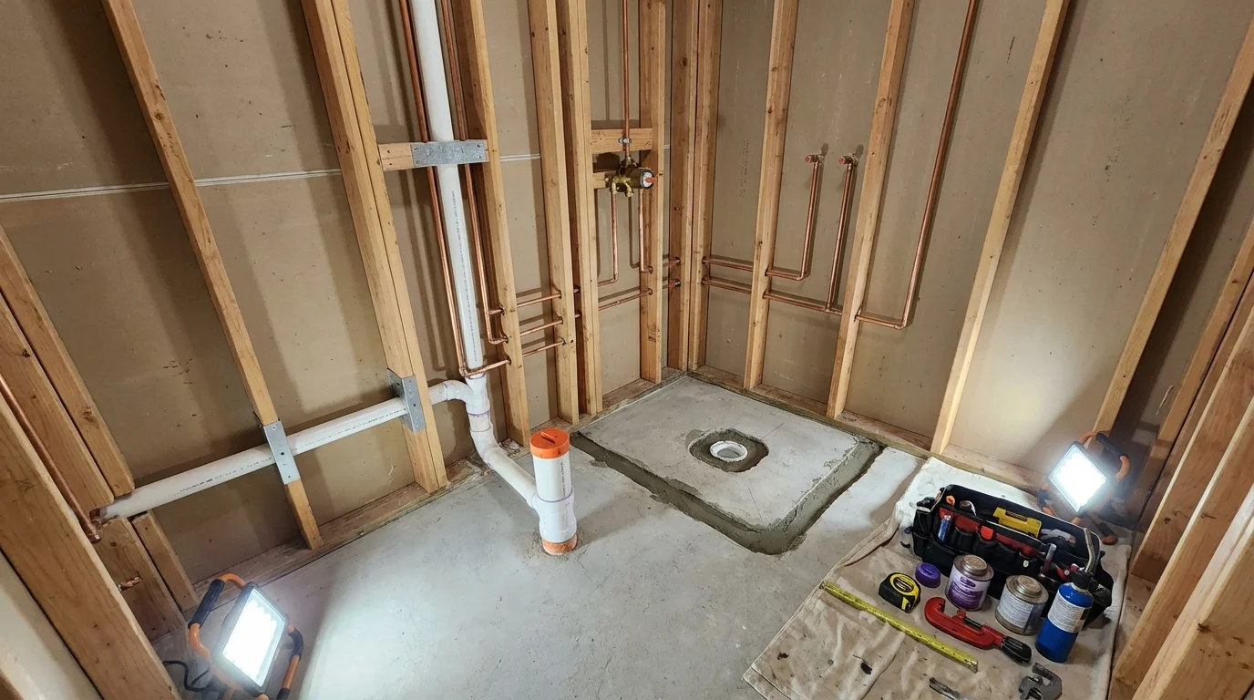 Bathroom rough-in plumbing during remodel by Johns Plumbing LLC in Los Fresnos