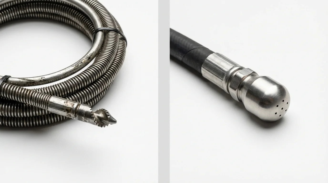 Drain snake cable and hydro jetting nozzle used for drain cleaning in Los Fresnos, TX