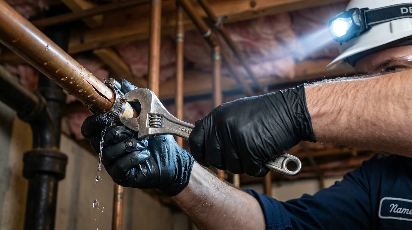 Emergency pipe clamp repair being performed by a Johns Plumbing LLC plumber in Los Fresnos