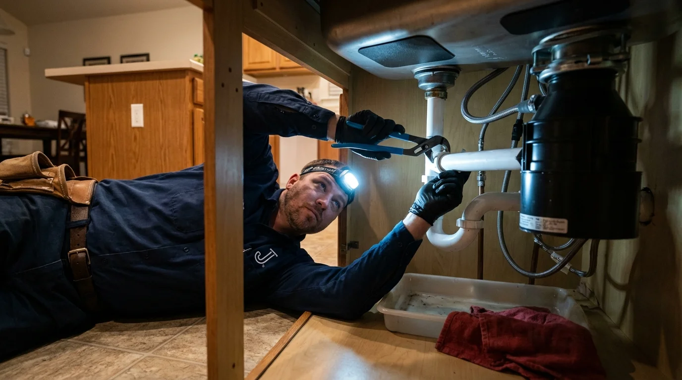 P-trap and supply line connections under a kitchen sink showing a common leak point in Los Fresnos, TX